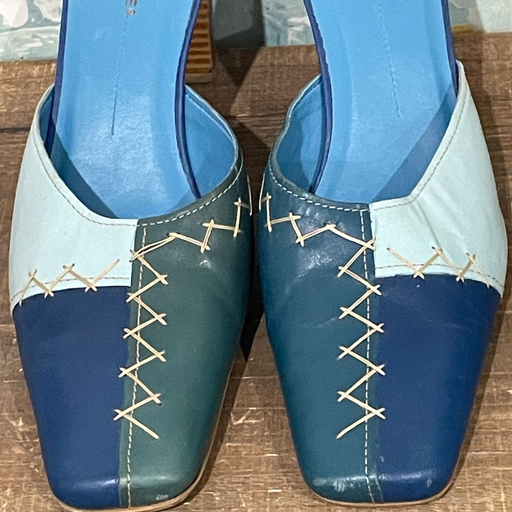Danelle Blue Patchwork Square Toe Mule Heels - image 3